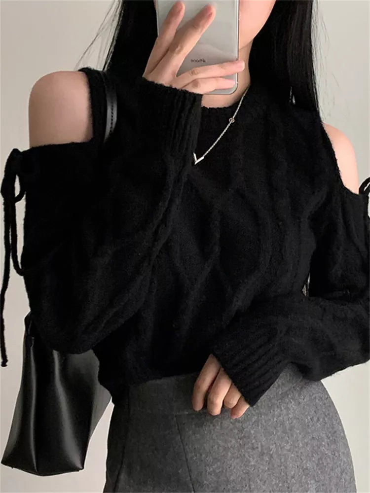 Women's Vintage Burgundy Cold Shoulder Cable Knit Sweater Ribbon Lace-Up Sleeve