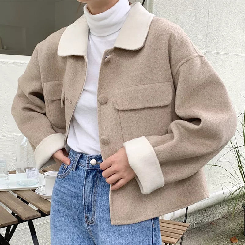 Women's Vintage Grey Woolen Short Jacket with Contrast Cream Collar