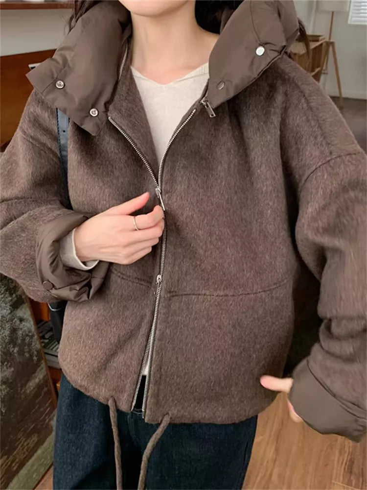 Women's Coffee Brown Woolen Zip-Up Short Jacket with Detachable Hooded Insert