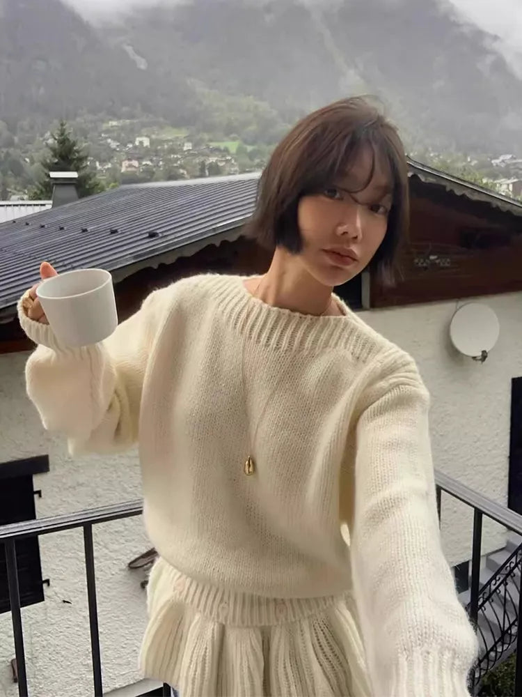 Women's Soft Cream Knit Ruffled Peplum Sweater