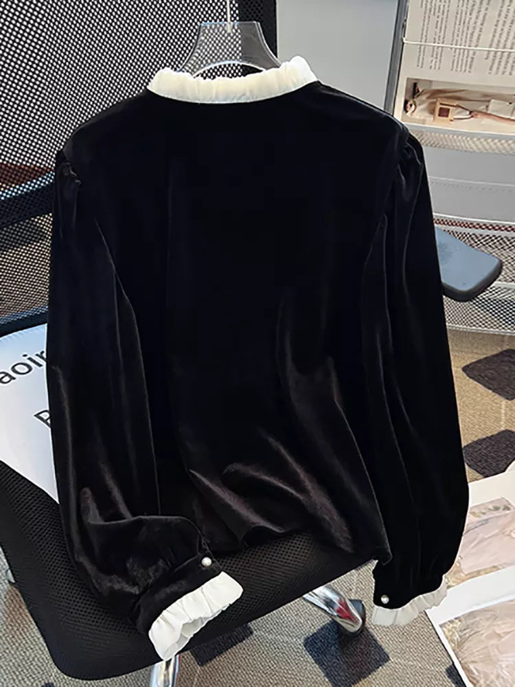 Women's French Vintage Black Velvet Blouse with Large White Bow Tie Elegant Ruffled Collar
