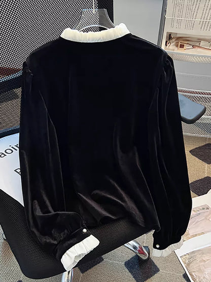 Women's French Vintage Black Velvet Blouse with Large White Bow Tie Elegant Ruffled Collar