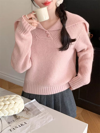 Women's Sweet Pink Sailor Collar Knitted Sweater