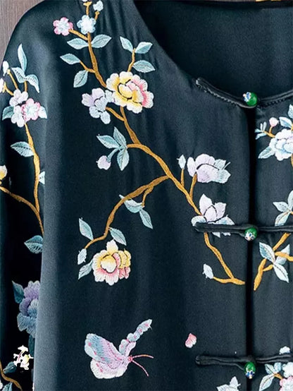 Women's Vintage Green Chinese Style Floral Embroidered Satin Blouse Traditional Zen Frog Button Jacket