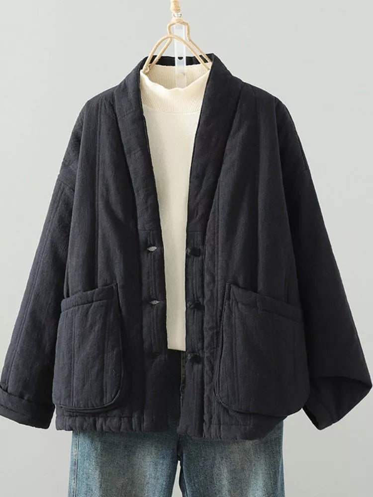 Women's Zen Style Cotton Linen Padded V-Neck Frog Button Quilted Winter Coat