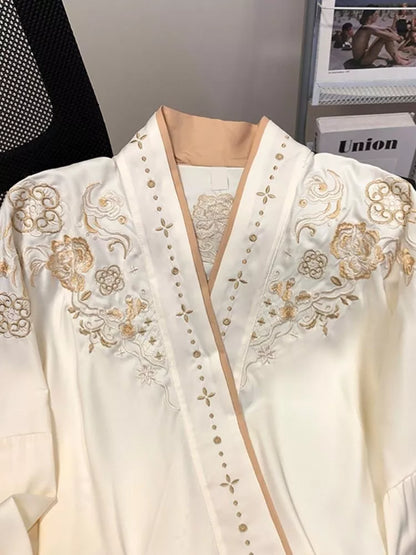 Women's Elegant White Embroidered New Chinese Style Gold Floral V-Neck Blouse