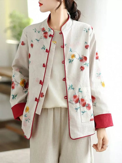 Women's Reversible New Chinese Style Pomegranate Floral Frog Button Stand Collar Coat
