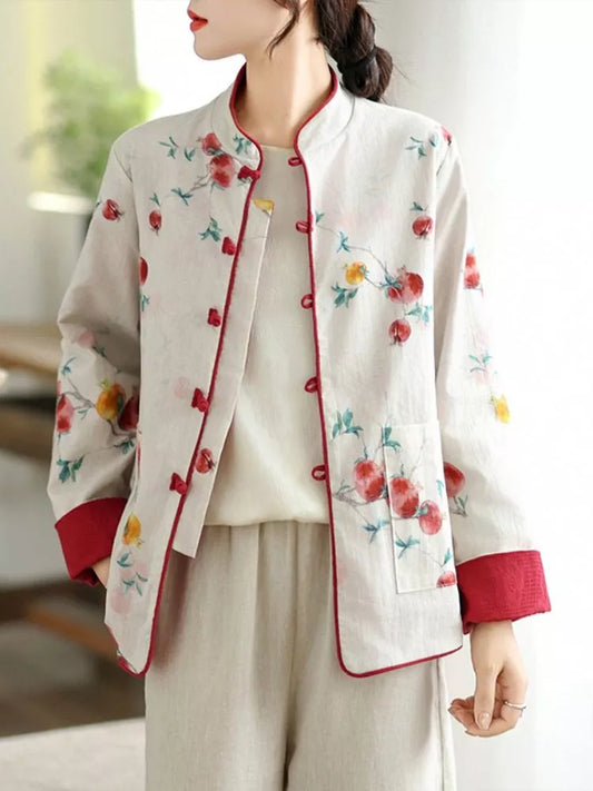 Women's Reversible New Chinese Style Pomegranate Floral Frog Button Stand Collar Coat
