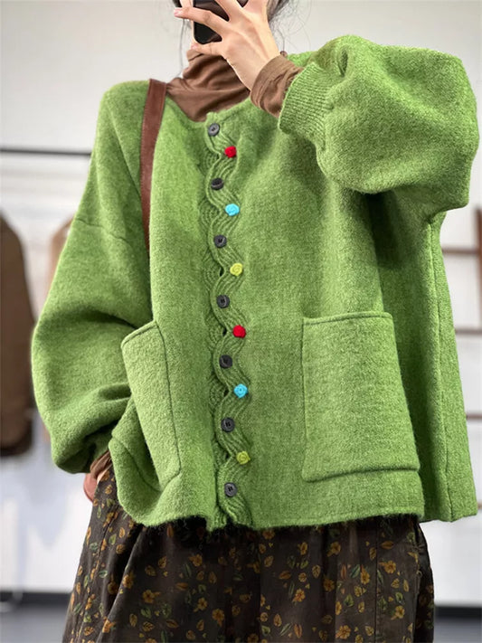 Women's Vintage Green Wool Blend Cardigan with Cute Colorful Buttons and Wavy Placket