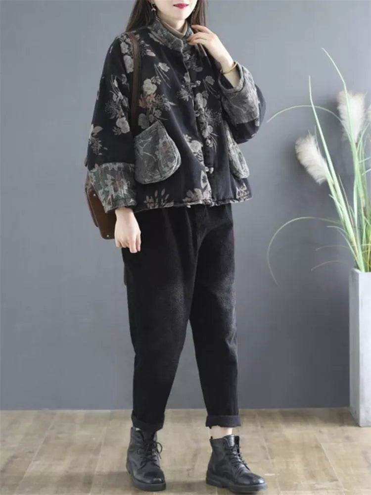 Women's Vintage Floral Print Padded Frog Button Short Jacket