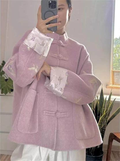 Women's Lilac Purple Faux Wool Chinese Style Coat