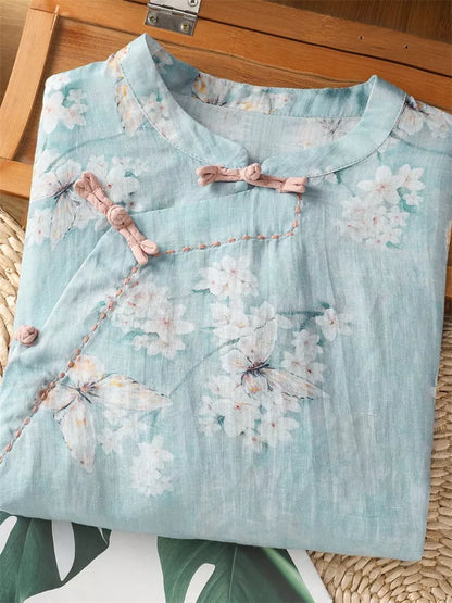Women's New Chinese Style Lake Blue Ramie Linen Blouse Floral Butterfly Print Diagonal Placket Zen Tea Shirt
