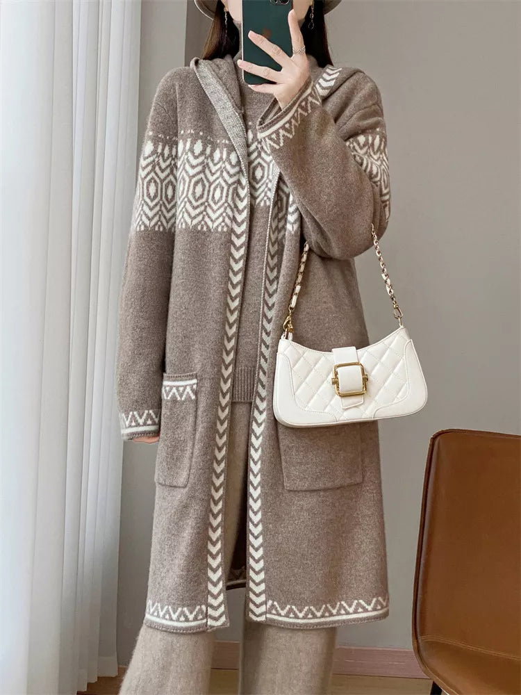 Women's Beige Geometric Jacquard Hooded Long Cardigan