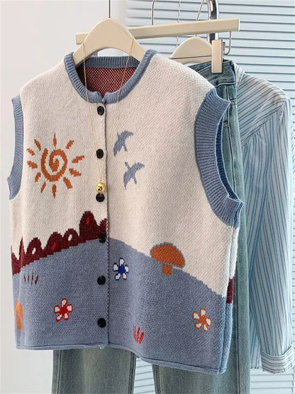 Women's Artistic Landscape Jacquard Knit Vest  Vintage Sun & Bird Pattern Button Down Waistcoat