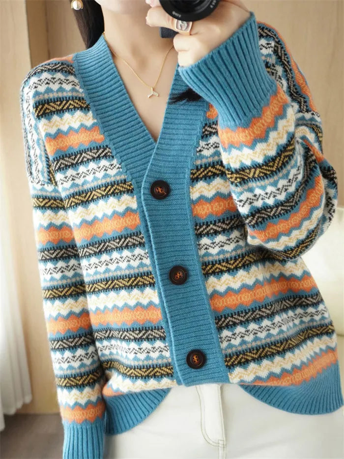 Women's Korean Style Oversized Geometric Striped Cardigan Thick Cashmere Blend V-Neck Knit Sweater Coat