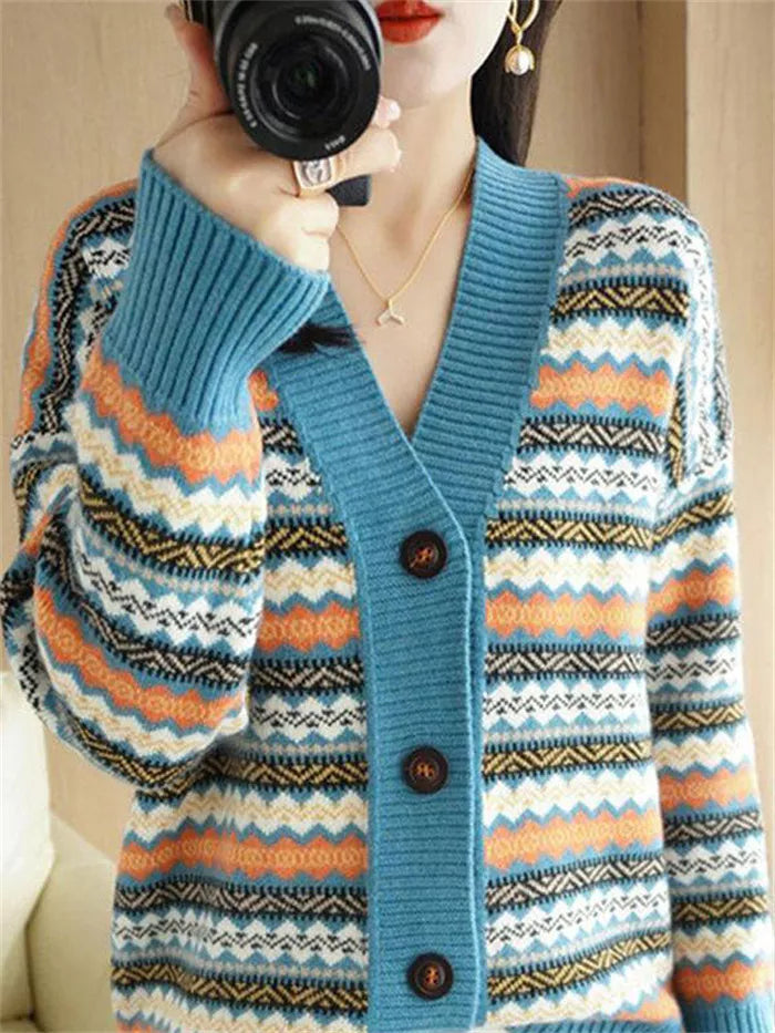 Women's Korean Style Oversized Geometric Striped Cardigan Thick Cashmere Blend V-Neck Knit Sweater Coat