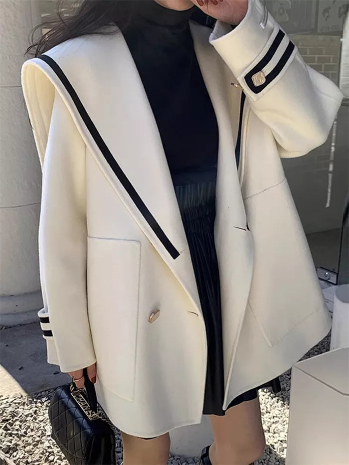Women's French Vintage White Sailor Collar Coat Double Breasted Faux Cashmere Wool Jacket Preppy Loose Outerwear