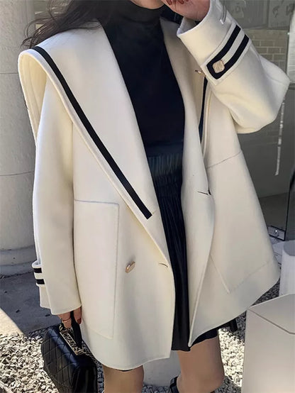 Women's French Vintage White Sailor Collar Coat Double Breasted Faux Cashmere Wool Jacket Preppy Loose Outerwear