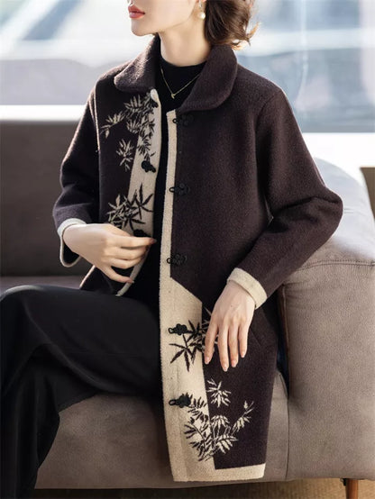 Women's Vintage Chinese Style Bamboo Print Wool Blend Coat Elegant Contrast Frog Button Jacket