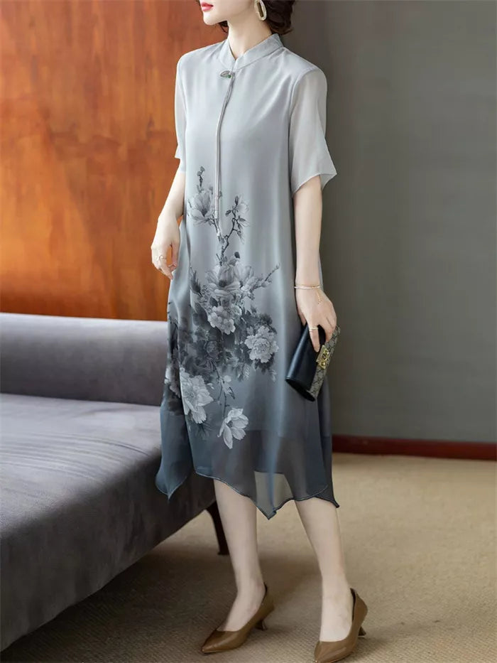 Women's Elegant Grey Ombre Chiffon Midi Dress Chinese Style Ink Floral Print Improved Qipao Summer Loose Dress