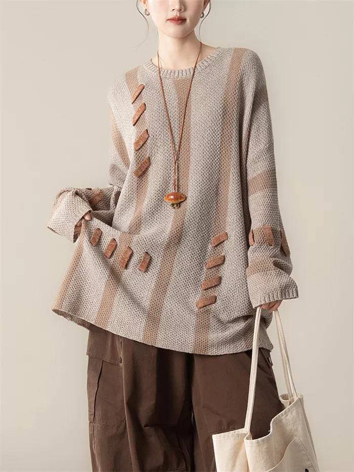 Women's Light Coffee Striped Knit Sweater Artistic Spliced Pullover