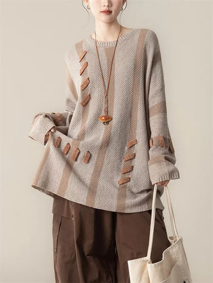 Women's Light Coffee Striped Knit Sweater Artistic Spliced Pullover