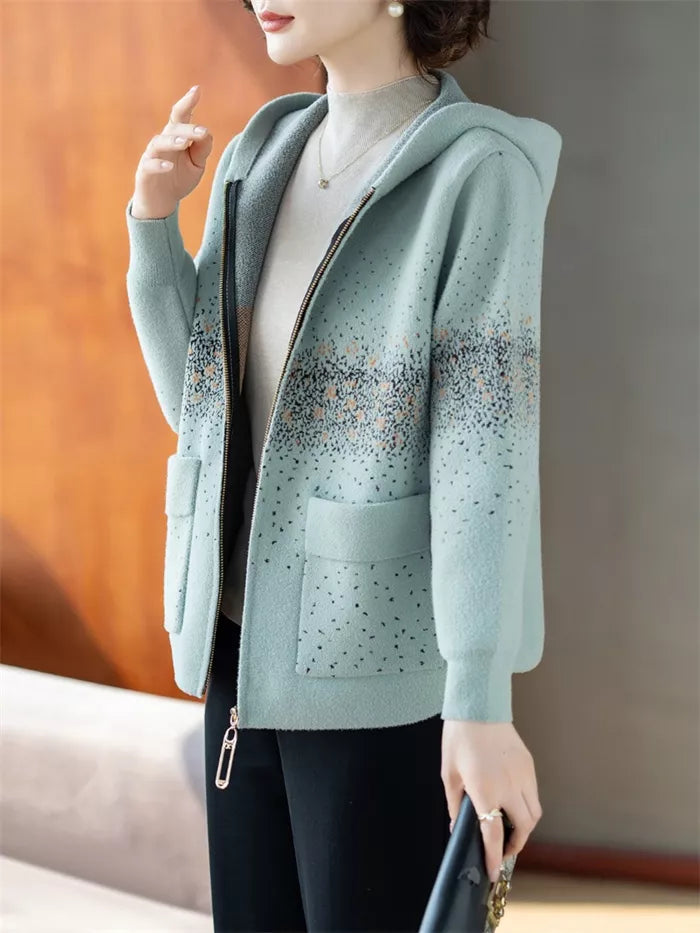Women's Mint Green Hooded Knit Jacket Casual Zip-Up Cardigan Sweater Coat with Speckled Print