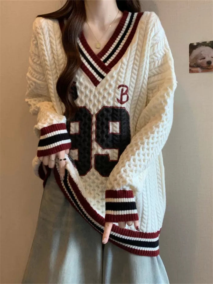 Women's Vintage Preppy Style V-Neck Cable Knit Sweater