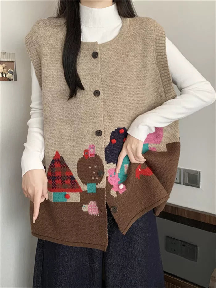 Women's Vintage Green Landscape Jacquard Knit Vest Artistic Button Down Waistcoat