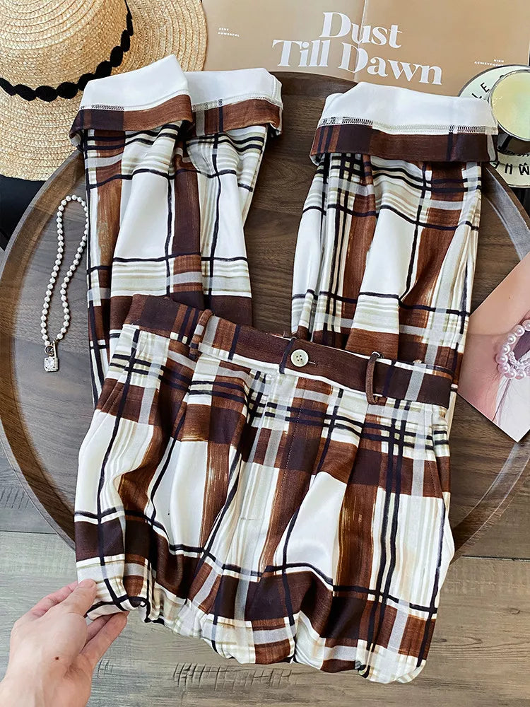 Women's French Vintage Brown Plaid Wide Leg Pants High Waist Thick Straight Trousers