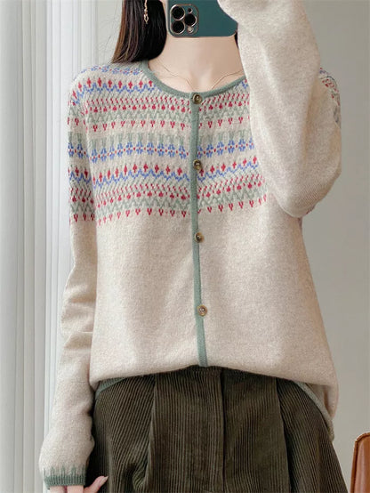 Women's Vintage Ethnic Style Wool Beige Geometric Pattern Crew Neck Cardigan