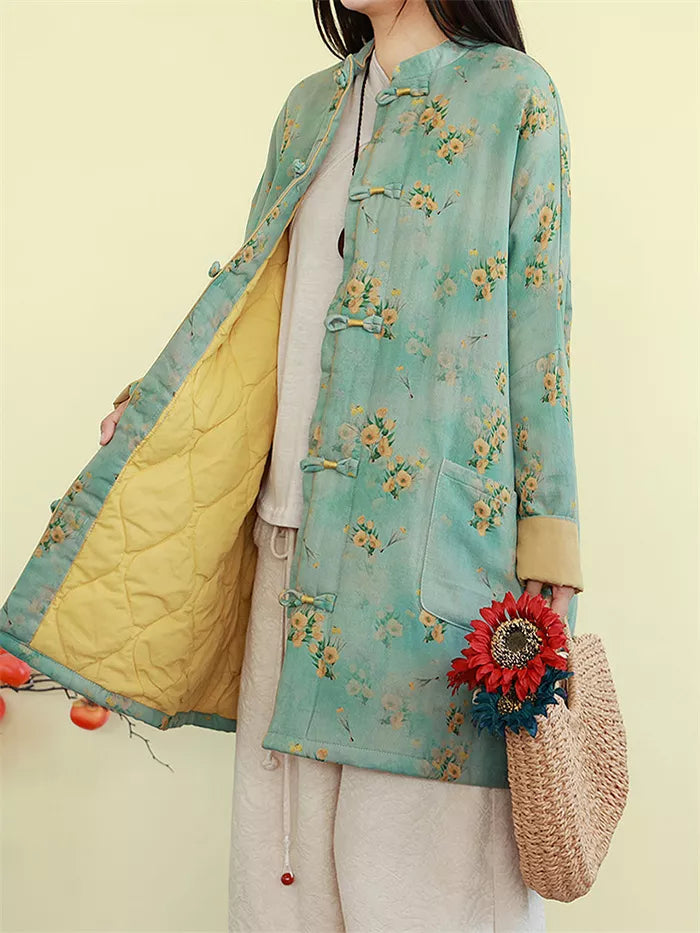 Women's Vintage Chinese Style Floral Padded Coat with Frog Buttons
