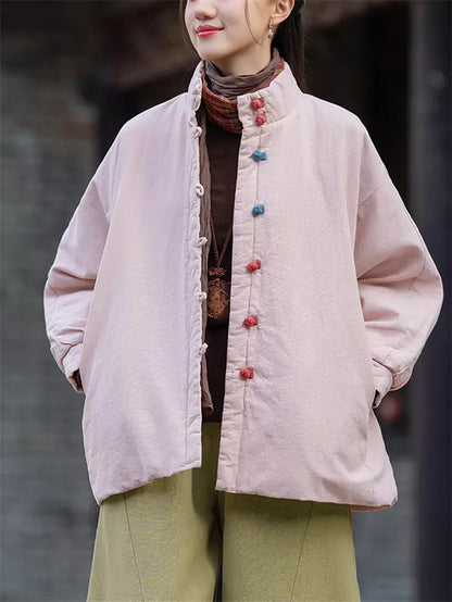 Women's Vintage Cotton Linen Padded Jacket Chinese Style Frog Button Short Coat