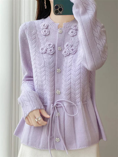 Women's Elegant White 3D Floral Wool Cardigan Drawstring Waist