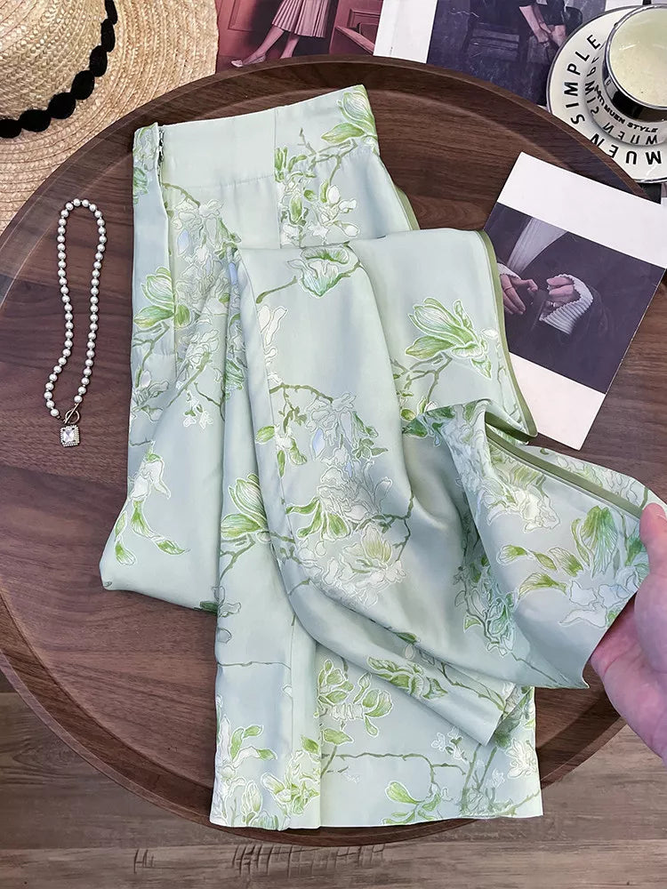 Women's New Chinese Style Green Floral Wide Leg Pants High Waist Satin Vintage Straight Trousers