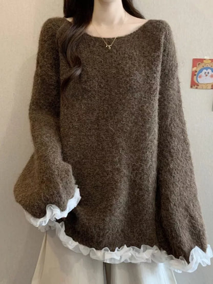 Women's Coffee Fuzzy Knit Sweater with White Ruffle Trim Oversized Soft Pullover