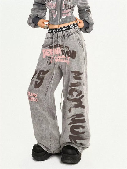 Women's Y2K Acid Wash Grey Sweatpants Graffiti Letter Print Baggy Joggers