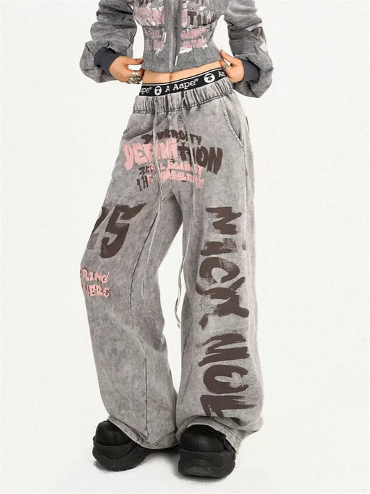 Women's Y2K Acid Wash Grey Sweatpants Graffiti Letter Print Baggy Joggers
