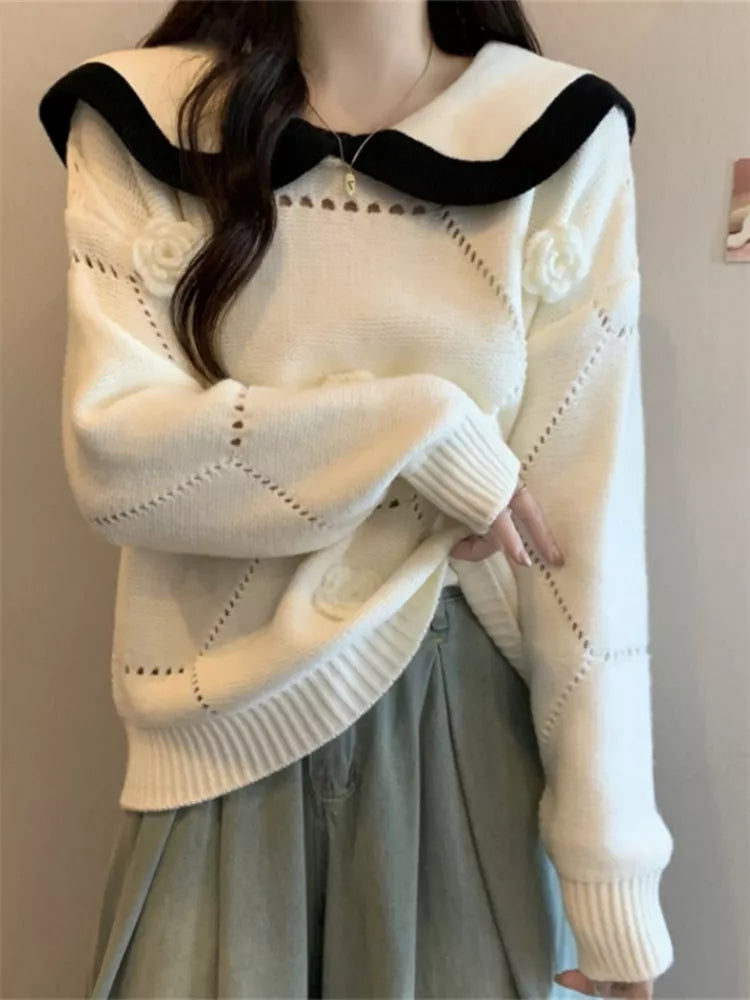 Women's Cute Khaki Sailor Collar Knit Sweater 3D Floral Applique Pullover