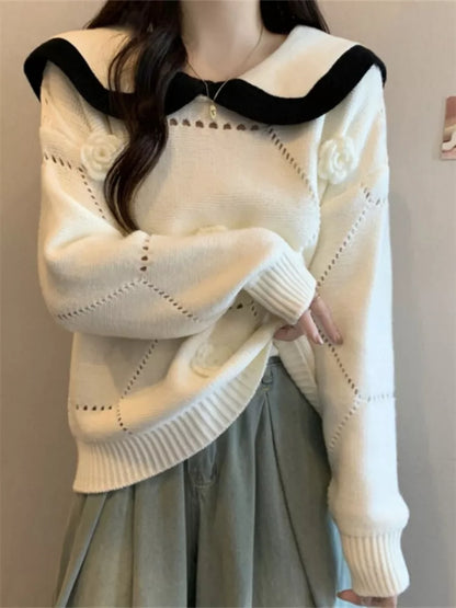 Women's Cute Khaki Sailor Collar Knit Sweater 3D Floral Applique Pullover