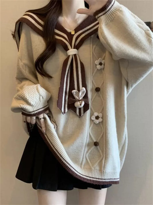 Women's Kawaii Sailor Collar Knit Sweater Cute Paw Print Pocket 3D Flower Pullover