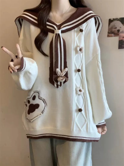 Women's Kawaii Sailor Collar Knit Sweater Cute Paw Print Pocket 3D Flower Pullover
