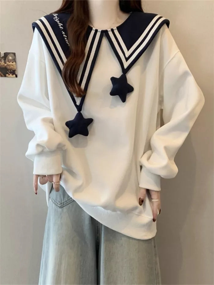Women's White Sailor Collar Sweatshirt Cute 3D Star Pendant Pullover