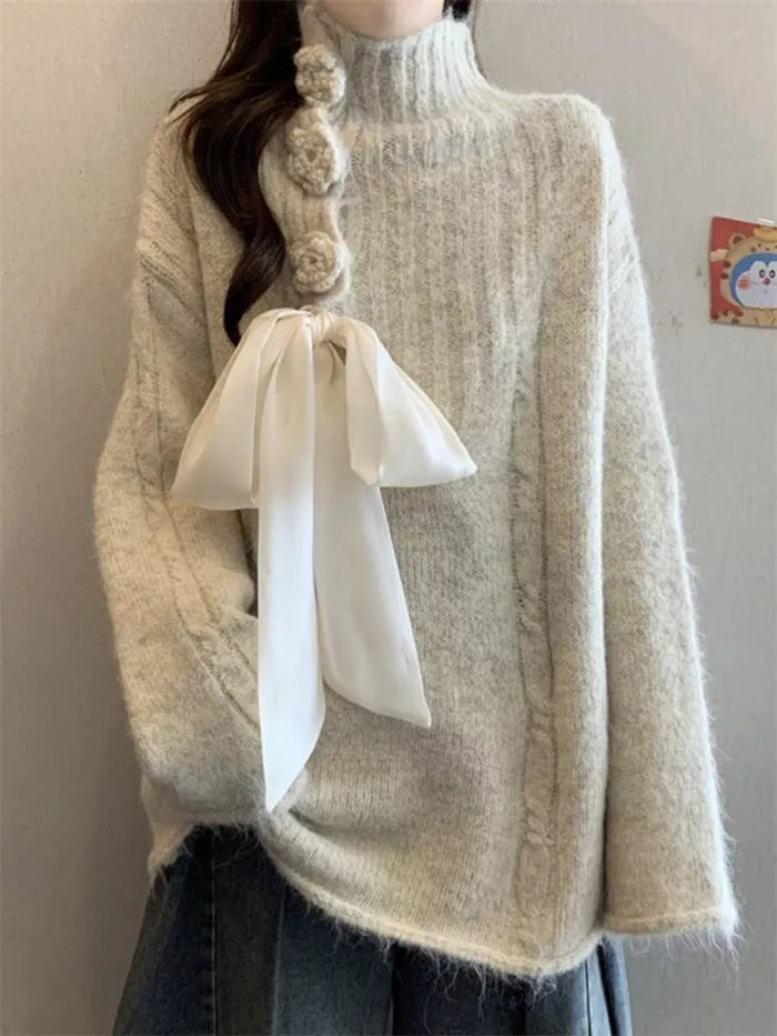 Women's Apricot Mock Neck Knit Sweater Large Satin Bow Tie 3D Rose Button Pullover