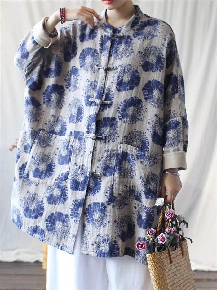 Women's Vintage Chinese Style Blue Batik Print Padded Coat Mid-Length Cotton Linen Jacket with Frog Buttons
