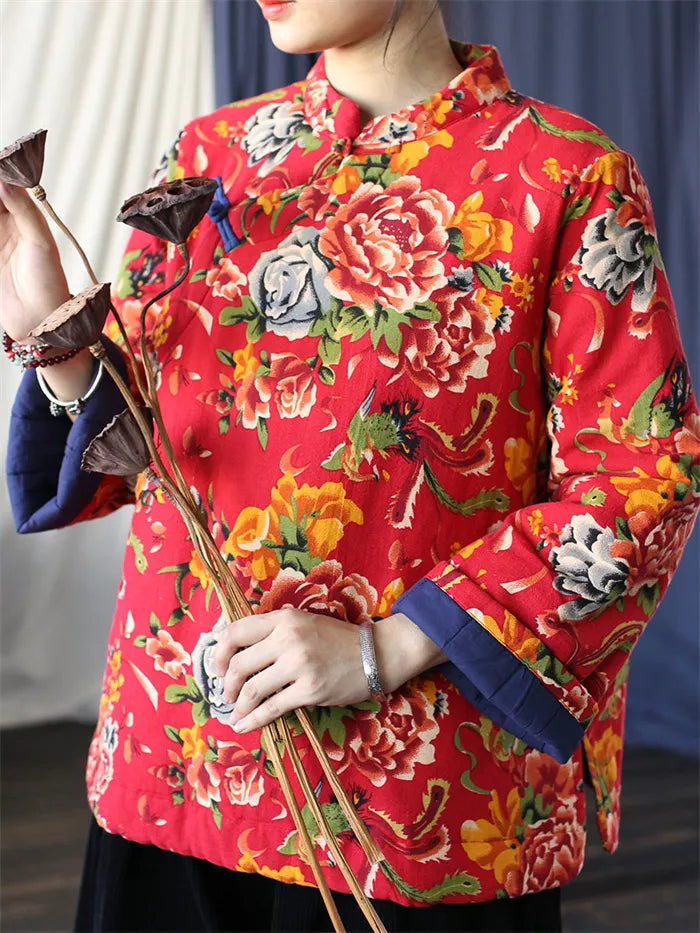 Women's Vintage Chinese Style Blue Floral Padded Jacket Cotton Linen Frog Button Short Coat