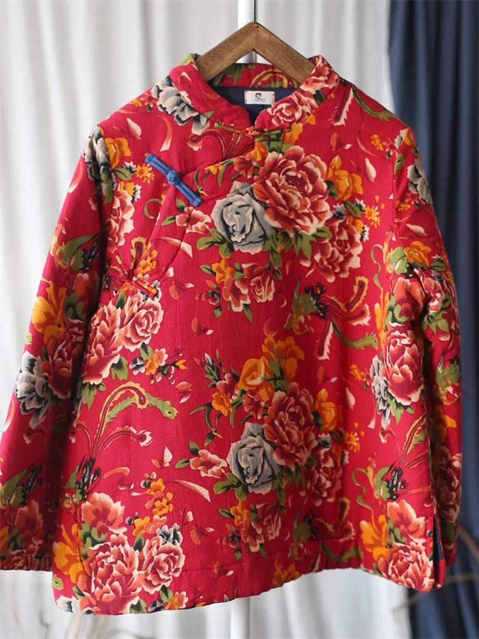 Women's Vintage Chinese Style Blue Floral Padded Jacket Cotton Linen Frog Button Short Coat