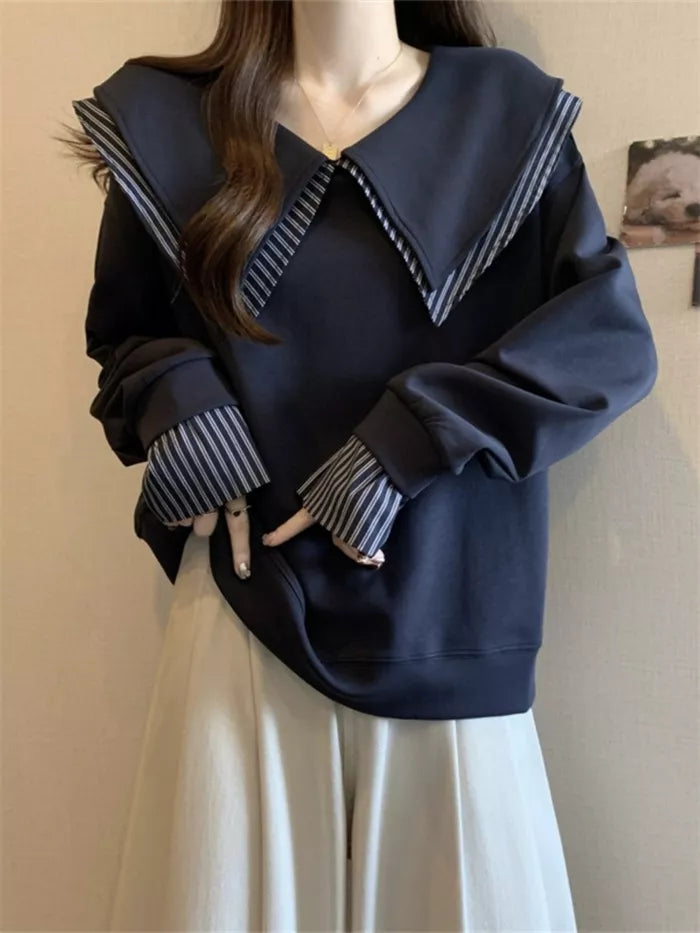 Women's Navy Blue Sailor Collar Sweatshirt Fake Two-Piece Striped Pullover