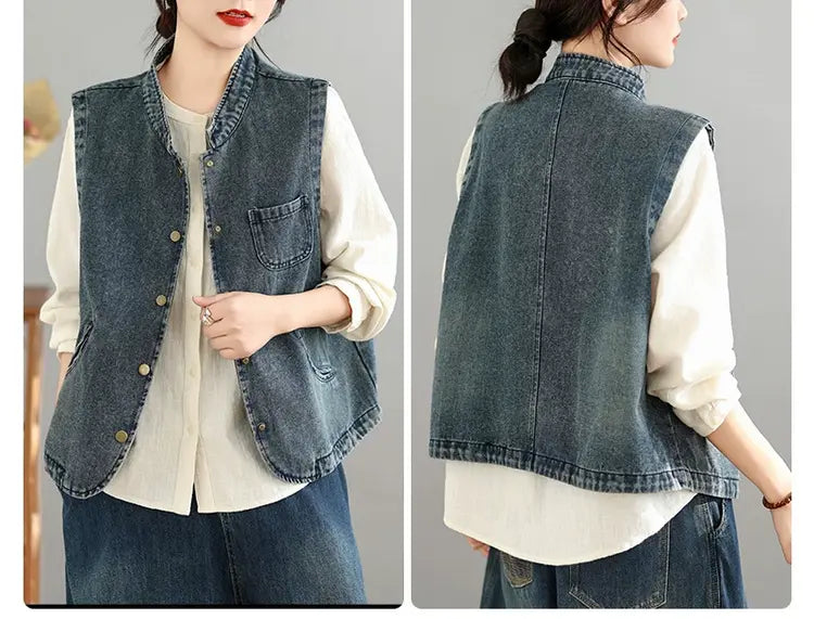 Distressed Washed Denim Vest for Women