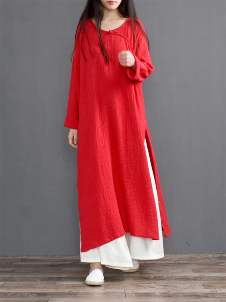 Vintage-Maxikleid im Zen-Stil aus rotem Baumwoll-Leinen-Mischgewebe für Damen mit Seitenschlitz, überkreuztem Kragen und Froschknöpfen